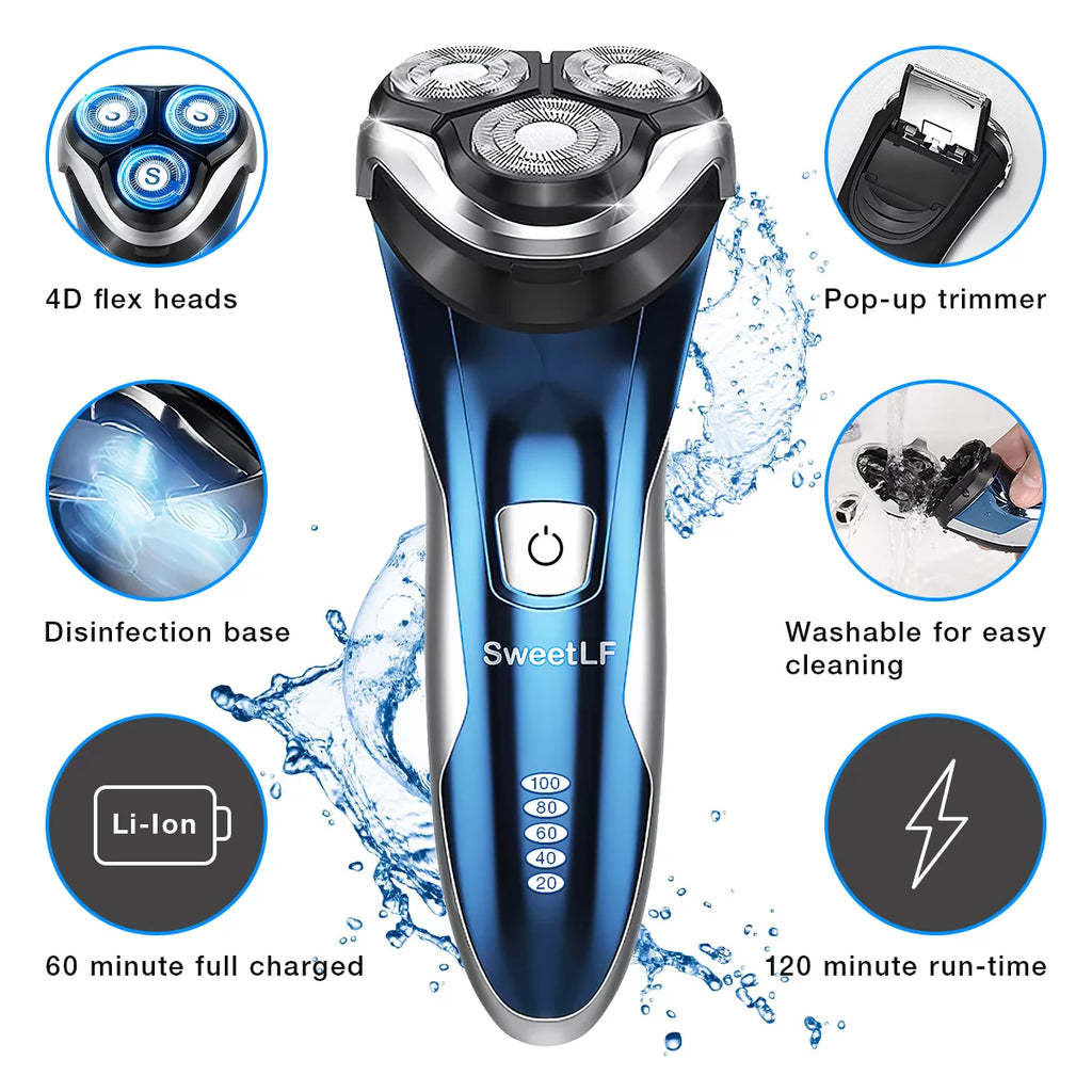 Blue IPX7 Waterproof Electric Razor with Pop-up Beard Trimmer N646
