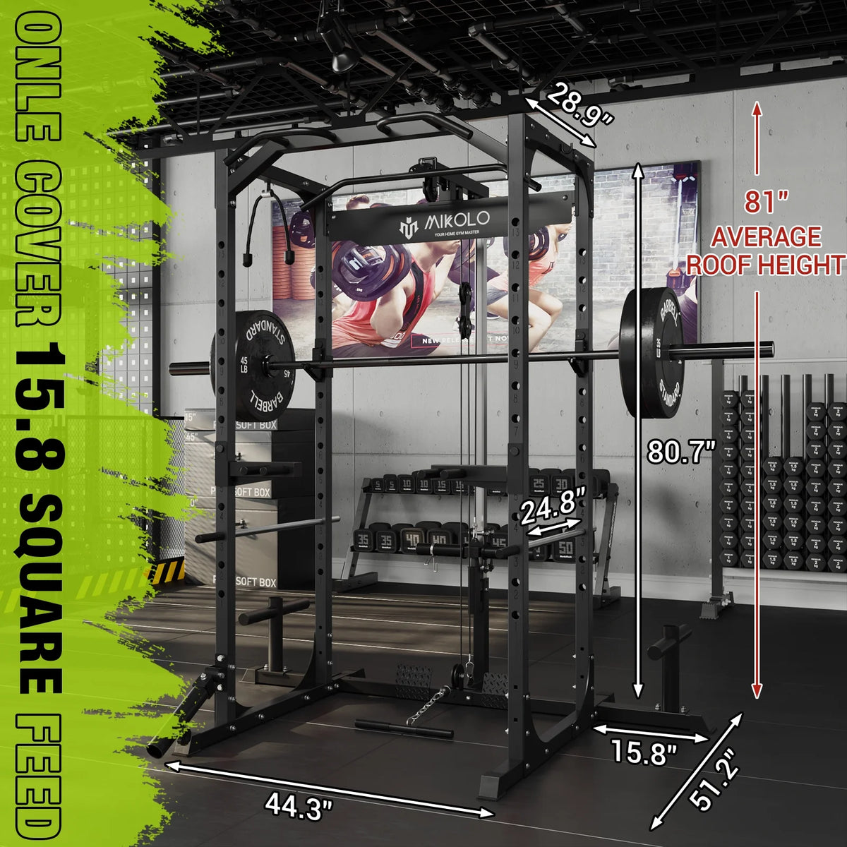 Power Rack Cage with LAT Pulldown System, 1200LBS Capacity, 13-Level Adjustable Height B7853