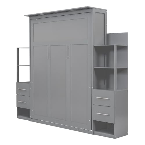 Gray Queen Murphy Bed with Storage Shelves, Drawers and LED Light, Wood Foldable Wall Bed Frame U356