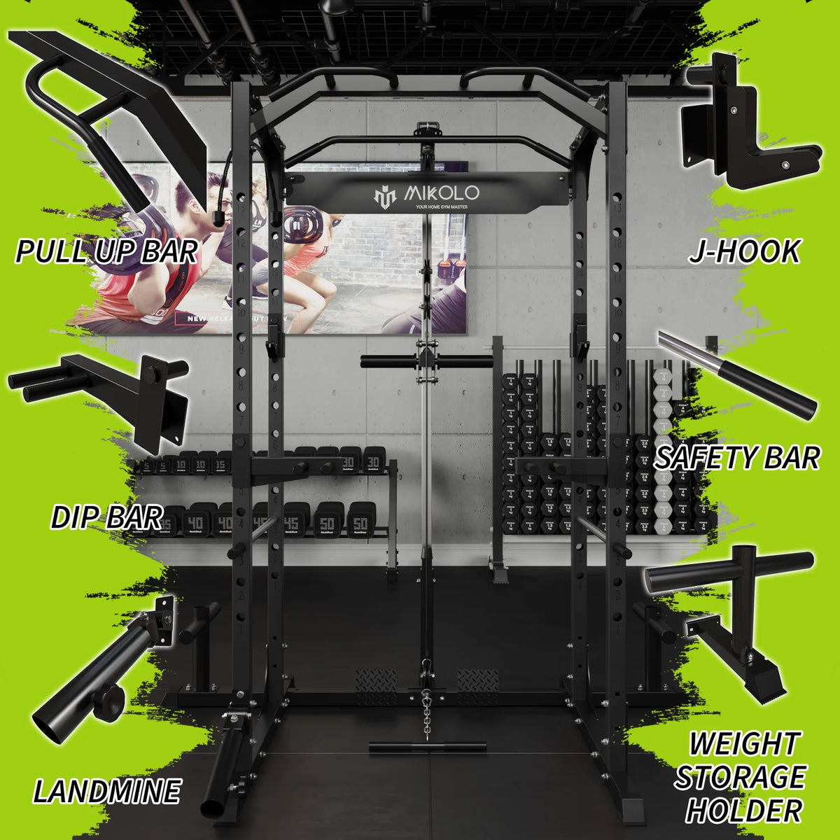 Power Rack Cage with LAT Pulldown System, 1200LBS Capacity, 13-Level Adjustable Height B7853