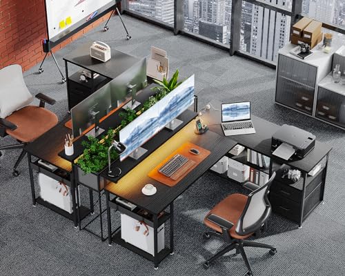 Grey L Shaped Gaming Desk with File Drawers, Power Outlets, LED Lights, Monitor Stand E66793
