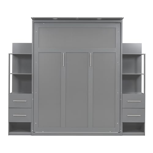 Gray Queen Murphy Bed with Storage Shelves, Drawers and LED Light, Wood Foldable Wall Bed Frame U356