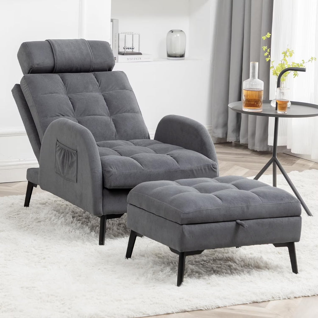 Dark Grey Velvet Accent Chair with Ottoman and Adjustable Backrest T423