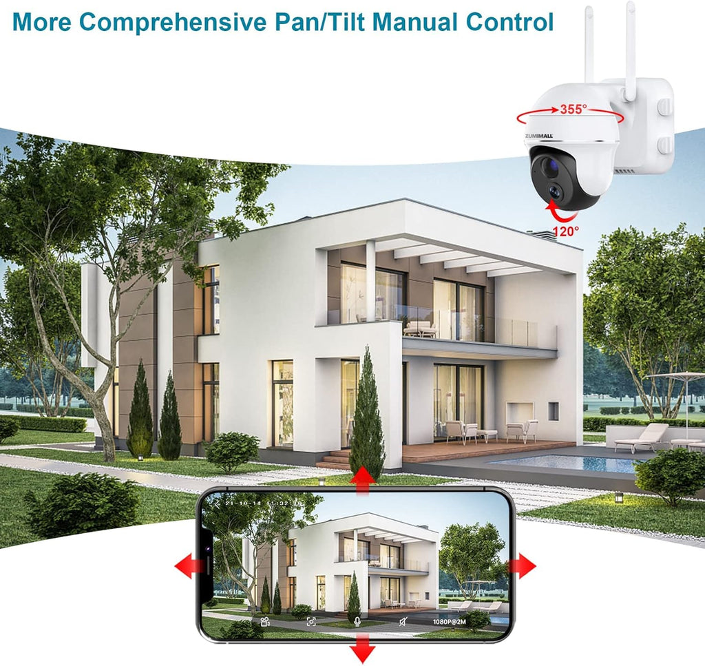 Wireless Outdoor Security Camera with 360° PTZ, Battery Powered, 1080P Night Vision, IP66 Waterproof W890484