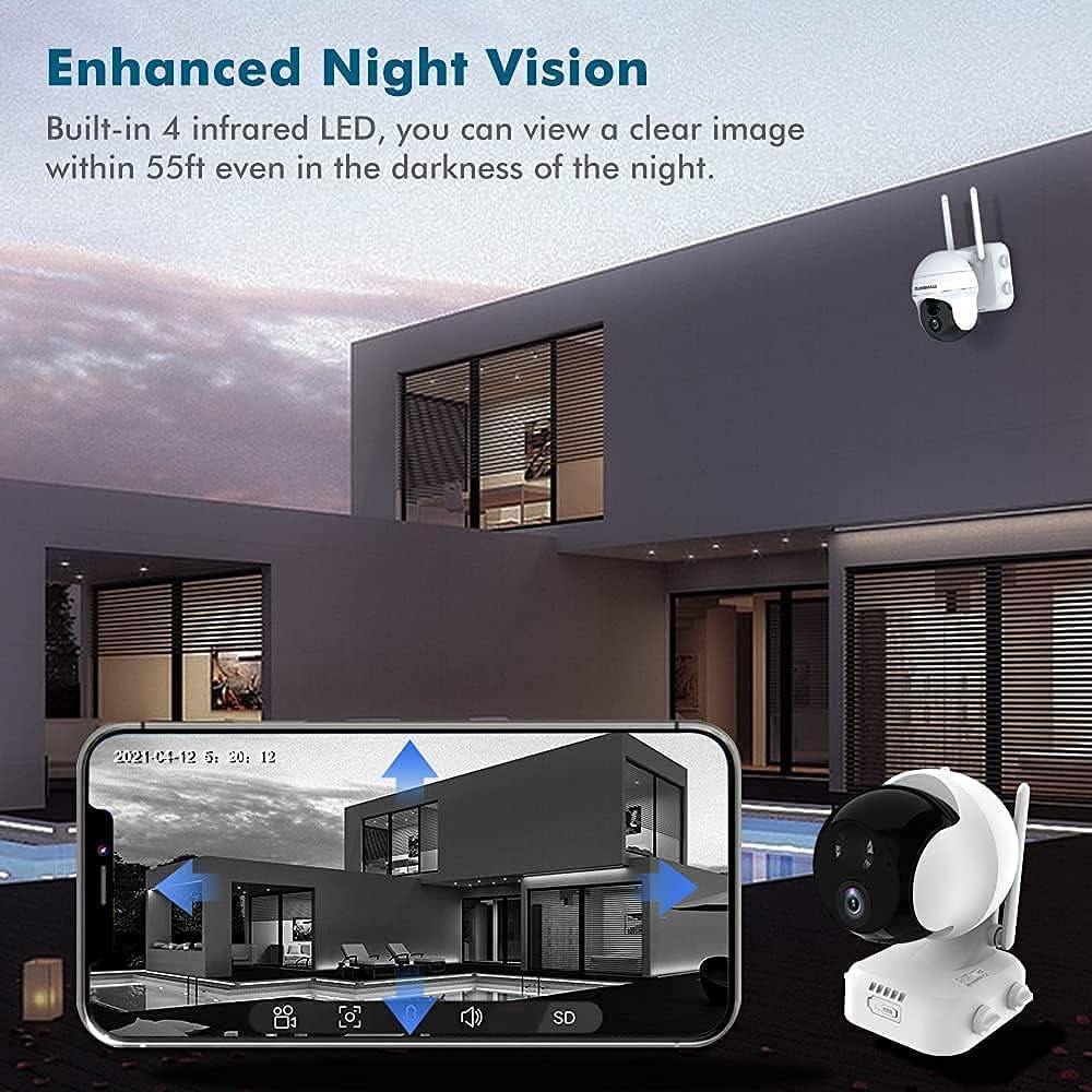 Wireless Outdoor Security Camera with 360° PTZ, Battery Powered, 1080P Night Vision, IP66 Waterproof W890484