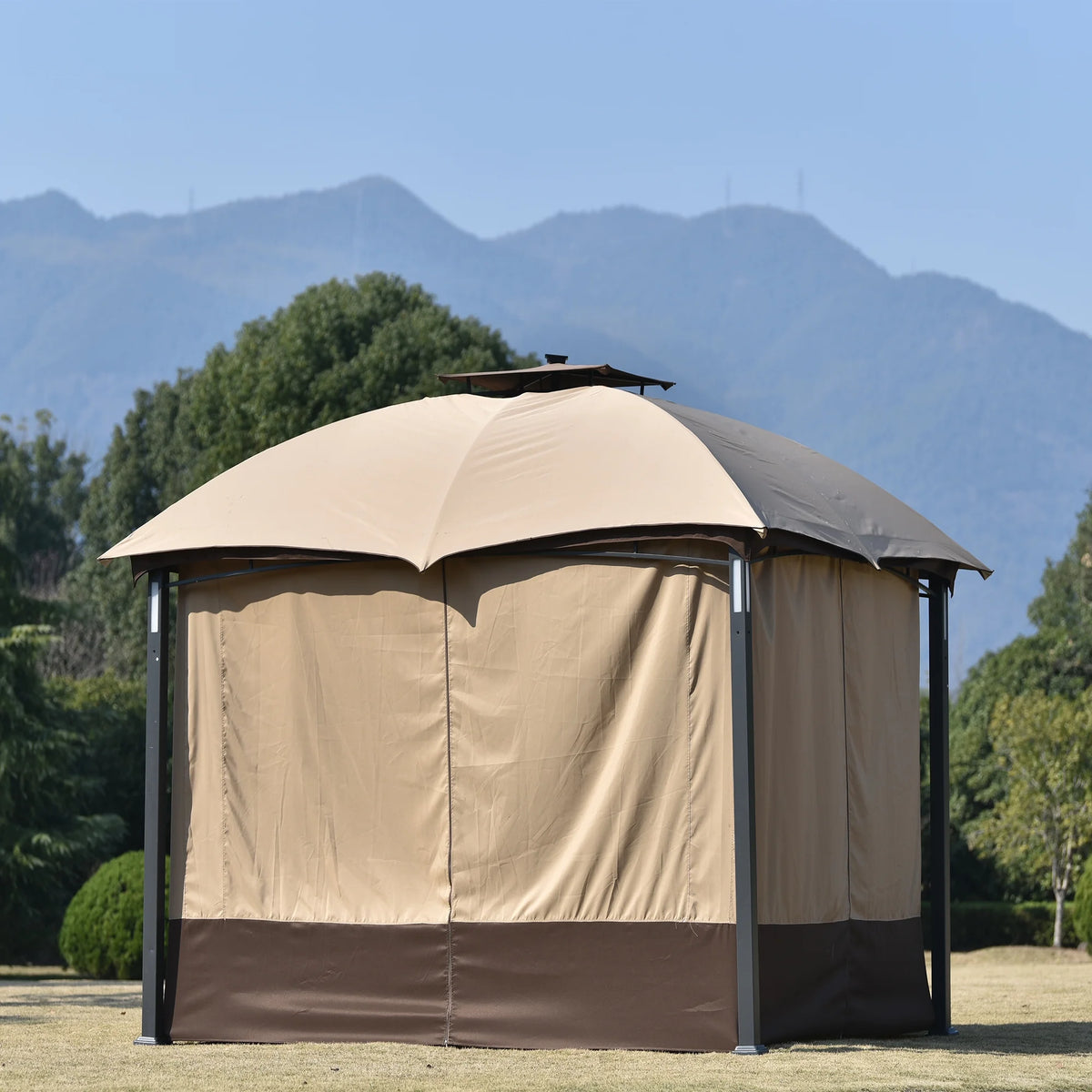 10ft W*12ft L Outdoor Double Vents Gazebo Patio Metal Canopy with Screen and LED Lights, Brown Q6182
