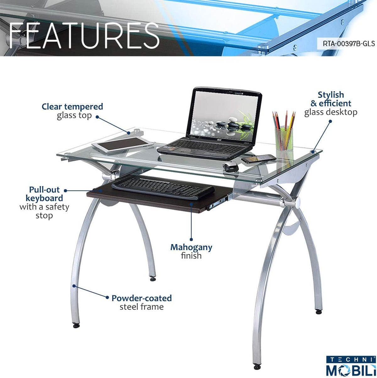 Clear Glass Top Computer Desk with Pull Out Keyboard Panel H598245