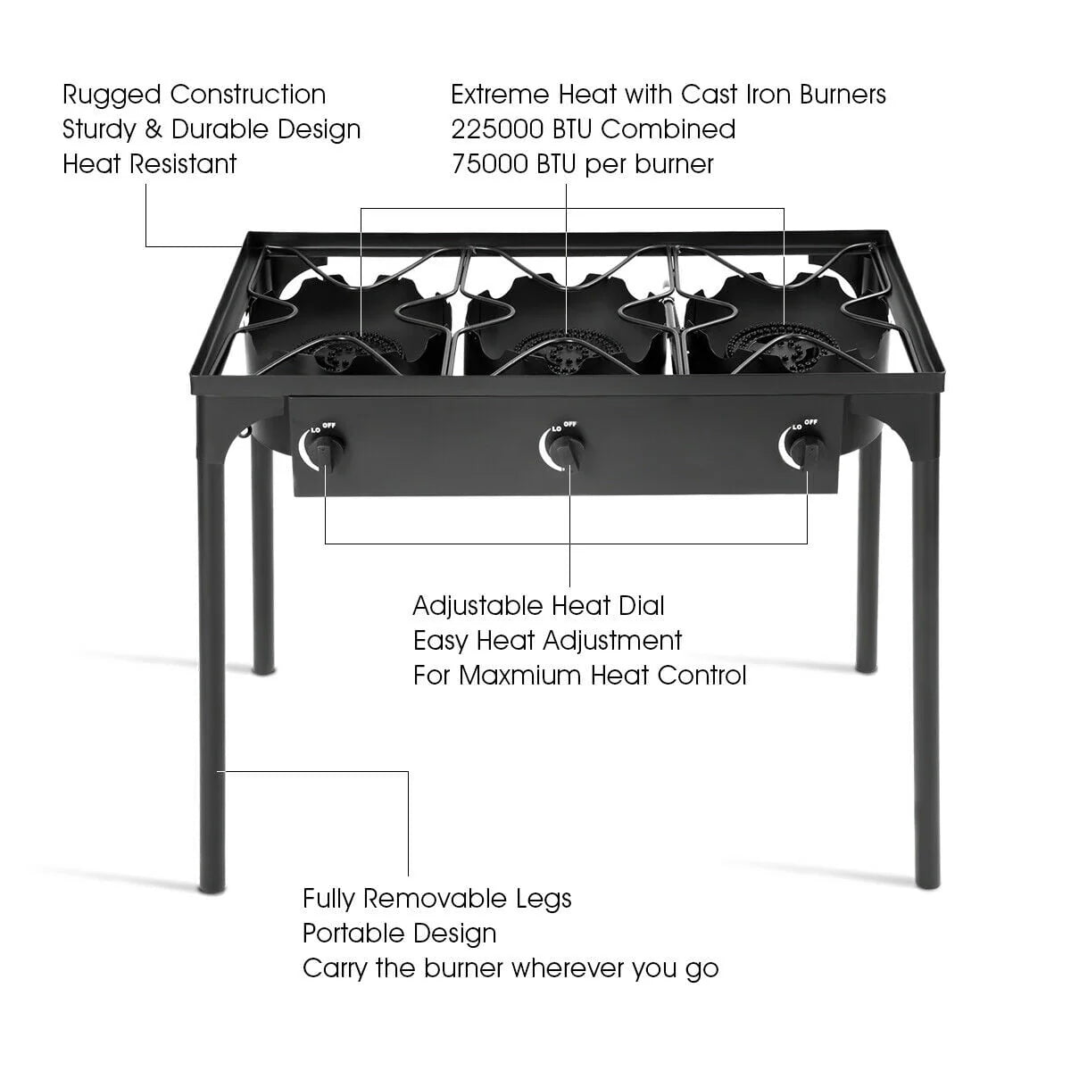 Portable Propane 3 Burner Gas Cooker Outdoor Camp Stove J318