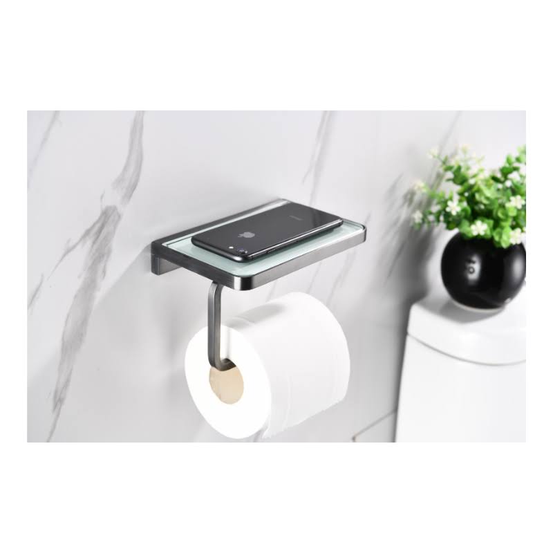 Gun Metal Stainless Steel White Glass Shelf with Toilet Paper Holder J3715