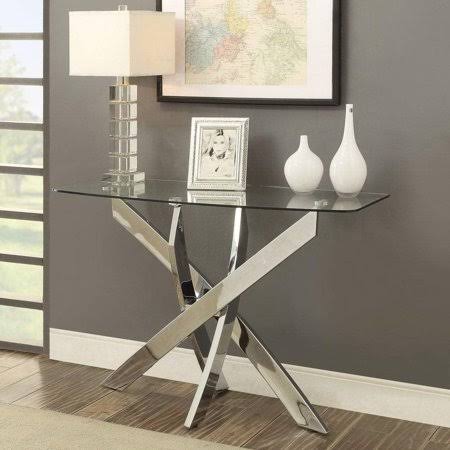 Tempered Glass Top Chrome Sofa Table with Criss Cross Metal Base M2952
