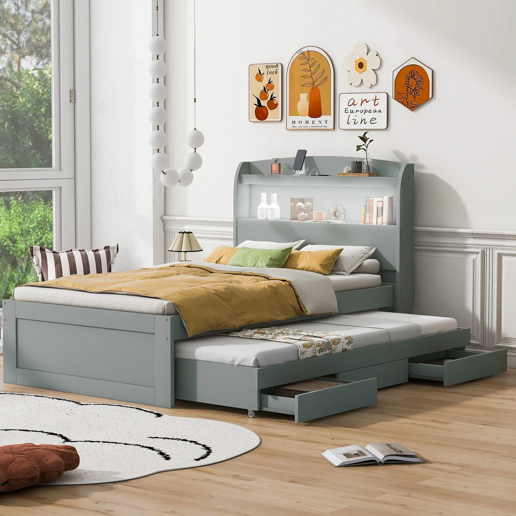 Gray Wood Twin XL Platform Bed with Storage and Drawers V875882