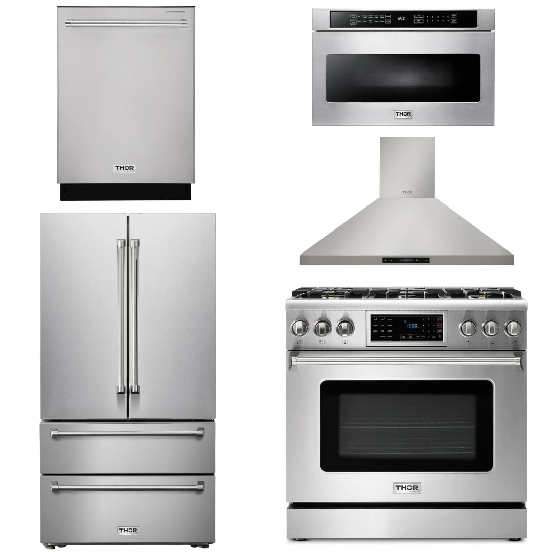 36 Propane Gas Range, Range Hood, Microwave, Refrigerator, Dishwasher I9469