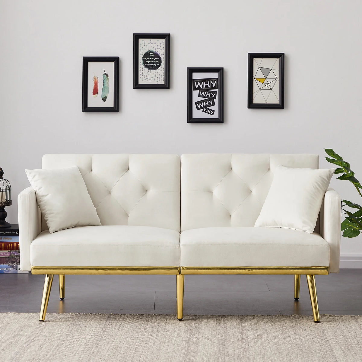 Modern Velvet Tufted Sofa Bed with Metal Legs 2 Pillows U971423