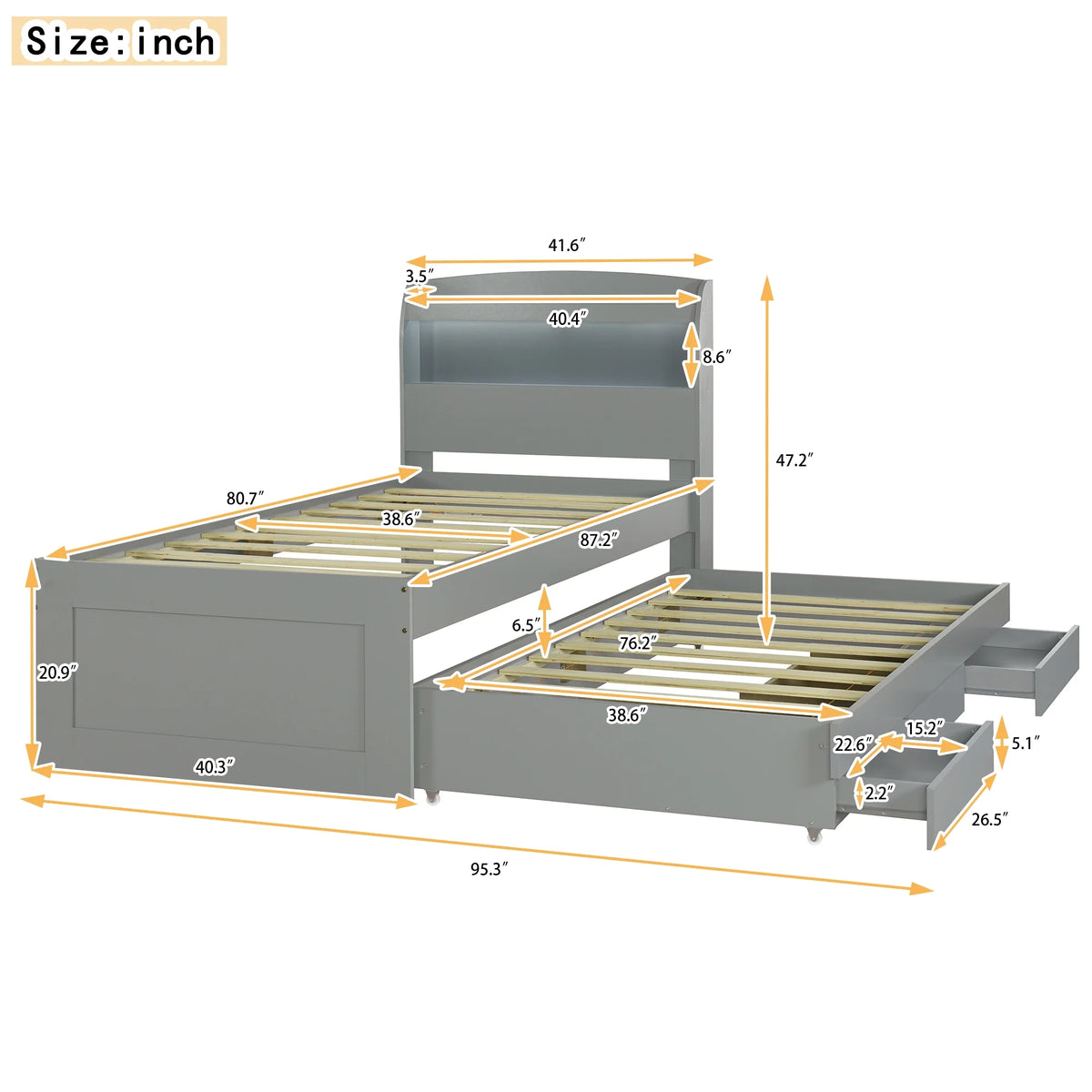 Gray Wood Twin XL Platform Bed with Storage and Drawers V875882