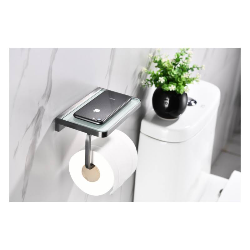 Gun Metal Stainless Steel White Glass Shelf with Toilet Paper Holder J3715