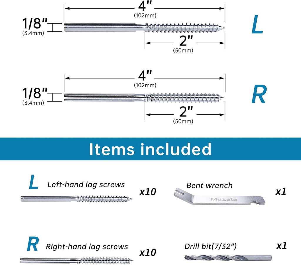 20Pack 1/8 Swage Lag Screws Left & Right Cable Railing Hardware Kit T316 Stainless Steel V248