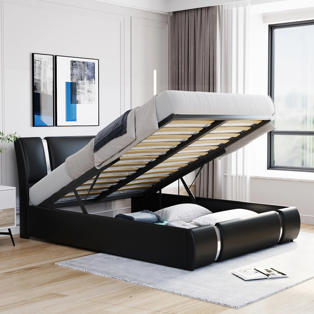 Queen Size Lift Up Storage Bed PU Upholstered Platform Bed with Headboard Black H313