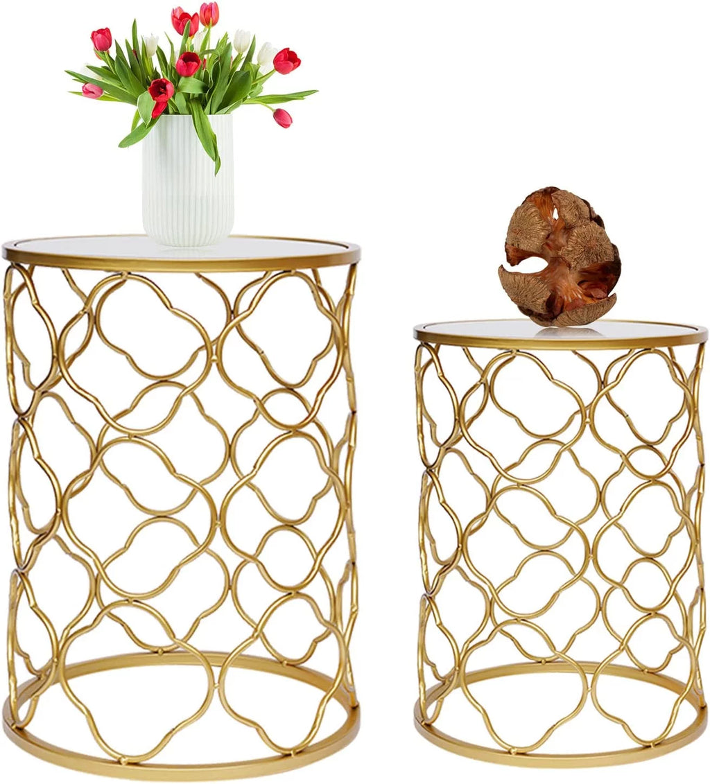 Round Gold Metal Nesting Side Table with Mirrored Top Y808543