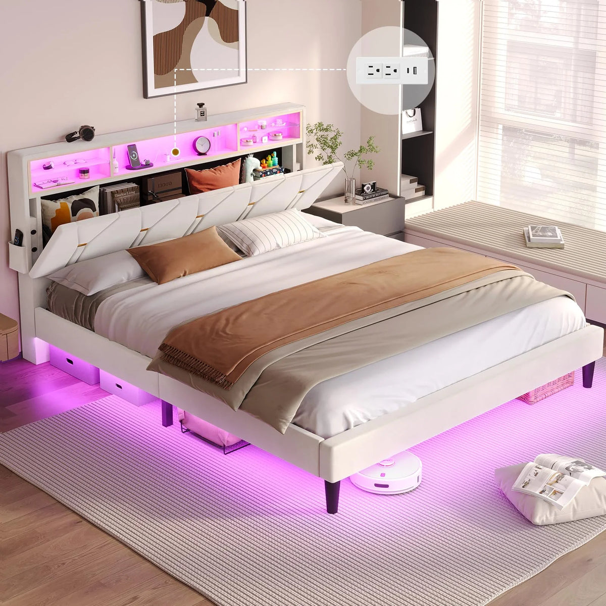 Black Full Size LED Bed Frame with Upholstered Storage Headboard N2831