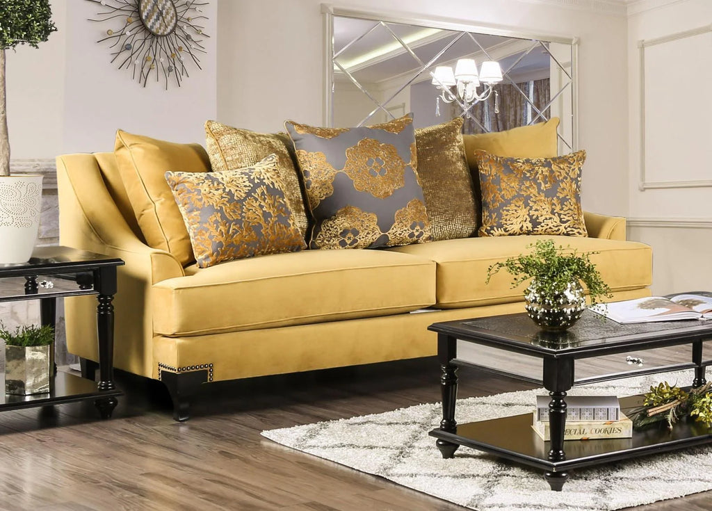 Gold & Gray Velvet-like Fabric Living Room Set 3pcs T168