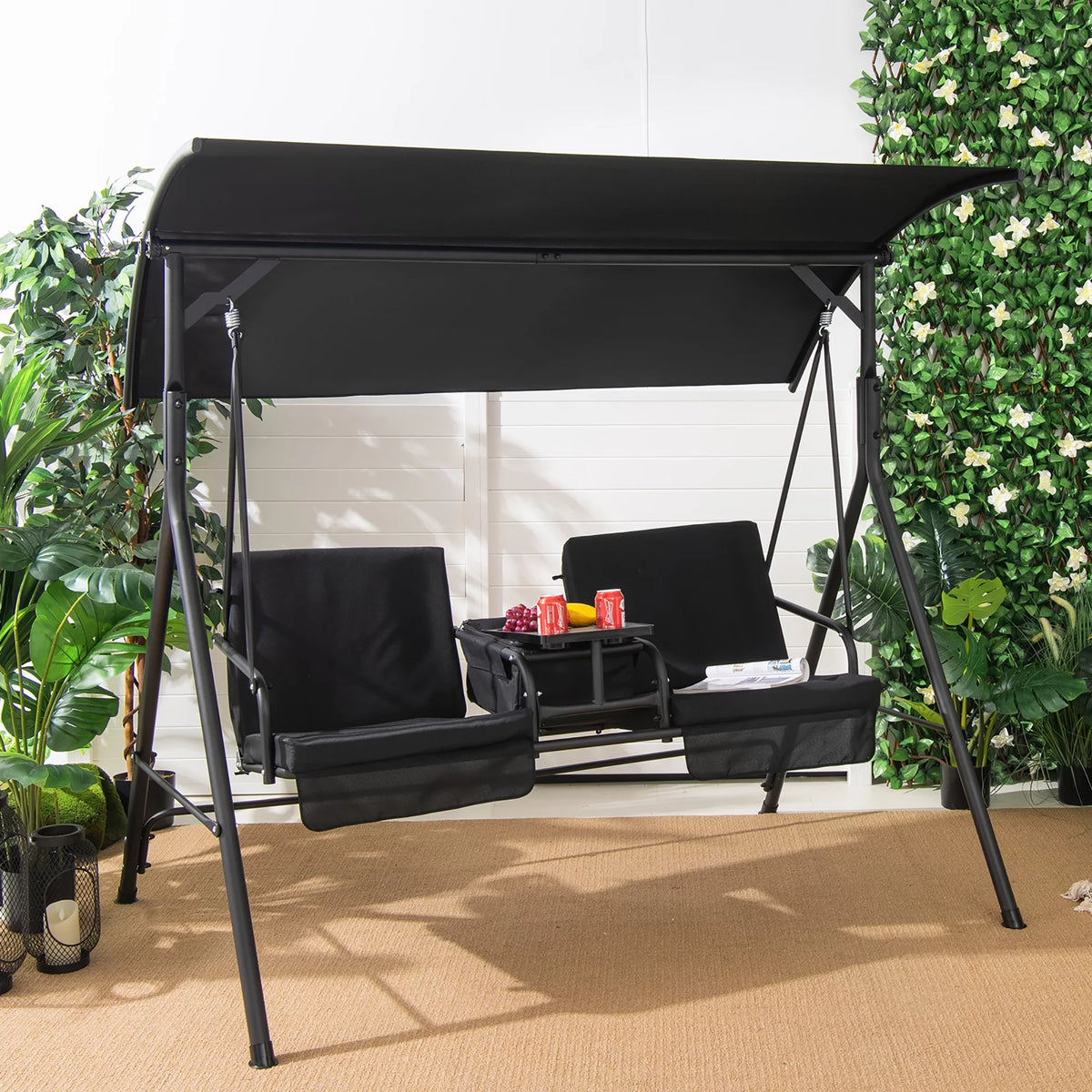 2-Person Canopy Porch Swing Padded Chair with Cooler Bag Q266546