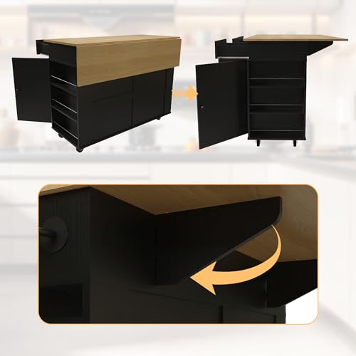 Rolling Kitchen Island Cart with Power Outlet & Drop Leaf, 3 Drawers, Black X876