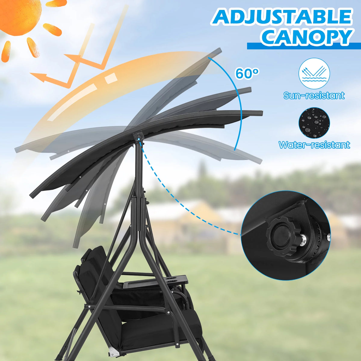 2-Person Canopy Porch Swing Padded Chair with Cooler Bag Q266546