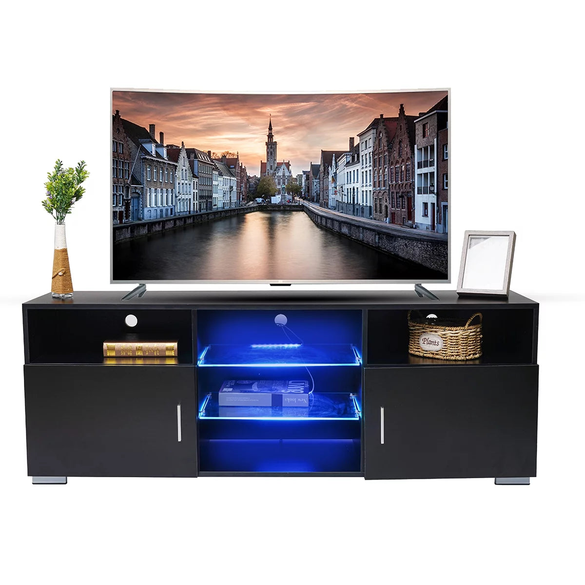 57'' TV Stand with RGB LED Light and Glass Shelves S6634