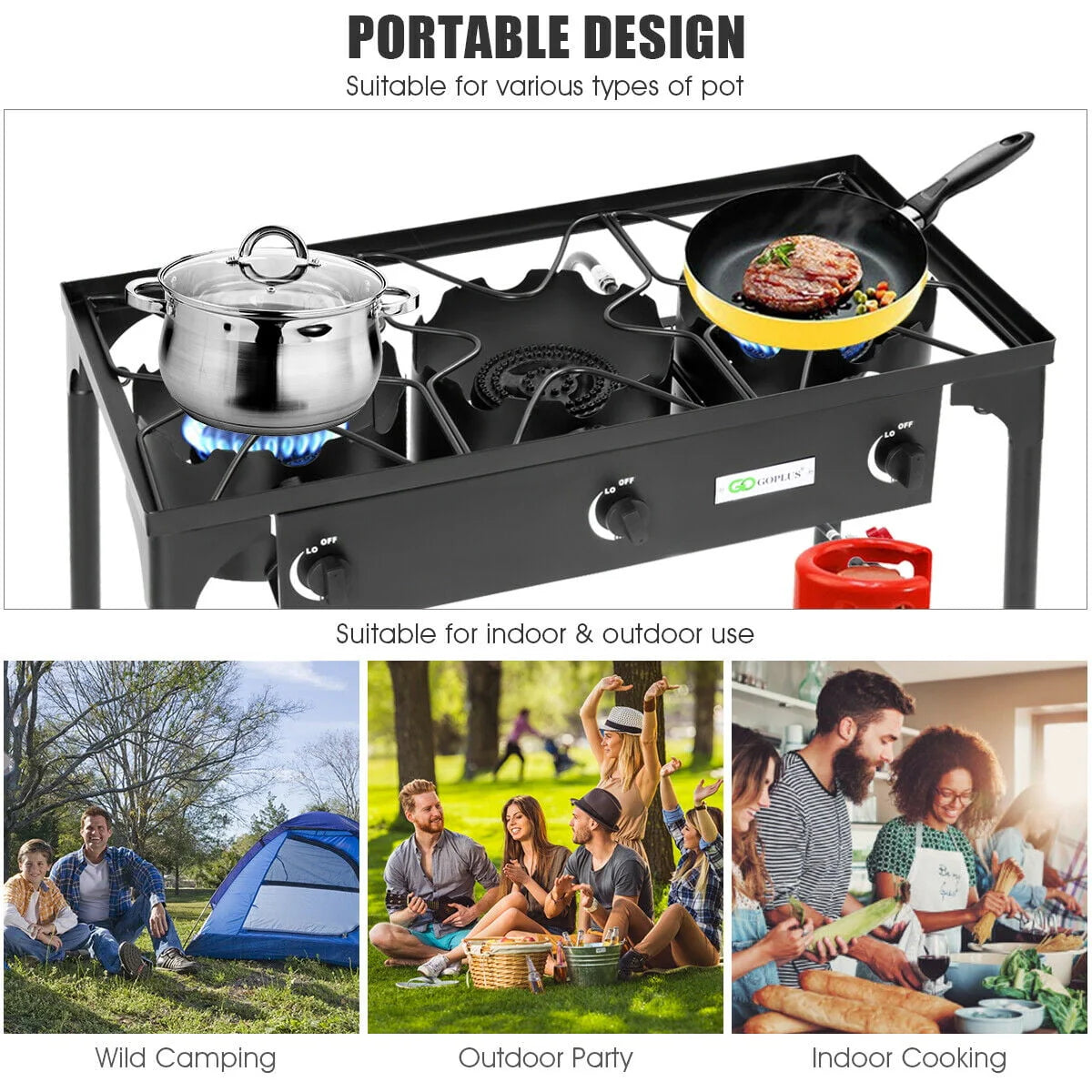 Portable Propane 3 Burner Gas Cooker Outdoor Camp Stove J318