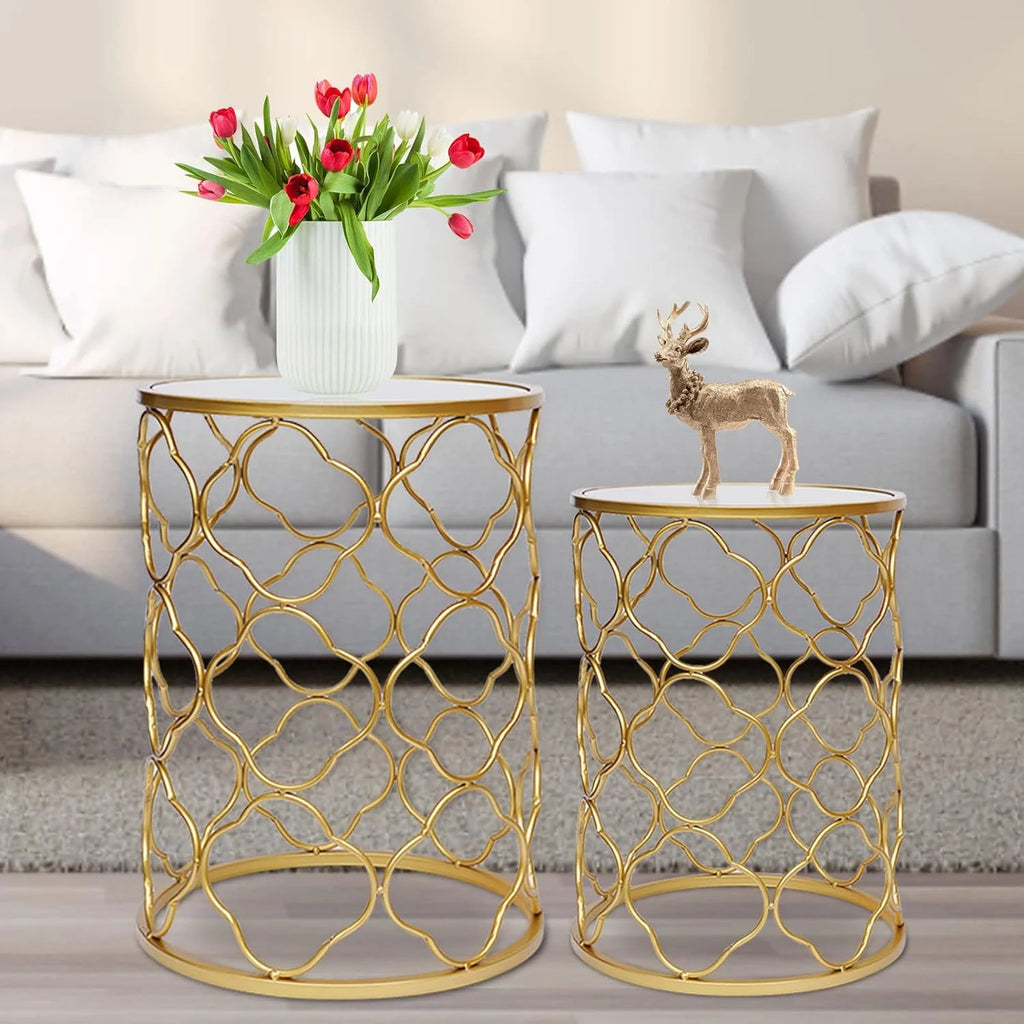 Round Gold Metal Nesting Side Table with Mirrored Top Y808543