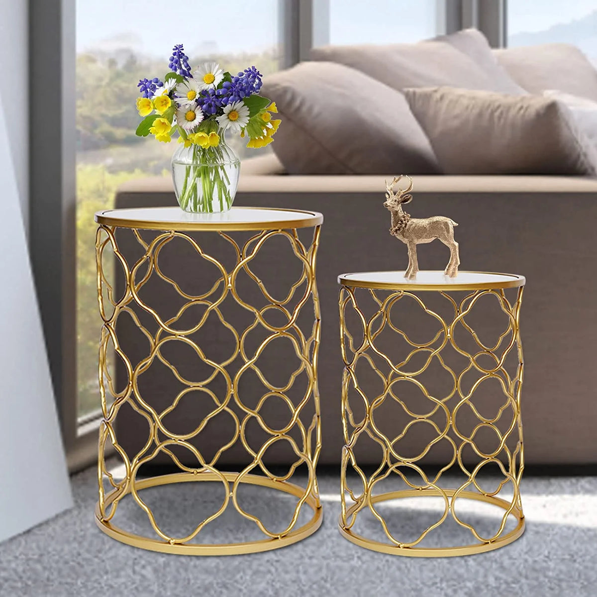 Round Gold Metal Nesting Side Table with Mirrored Top Y808543