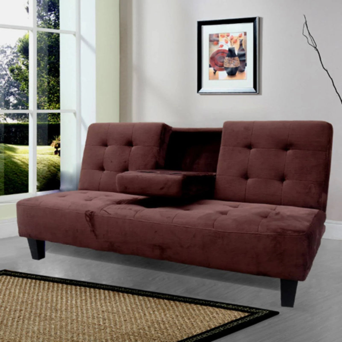Brown Futon Sofa Bed with Cup Holder X4858