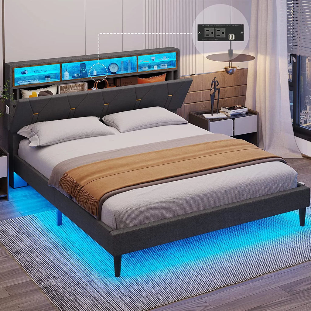 Black Full Size LED Bed Frame with Upholstered Storage Headboard N2831