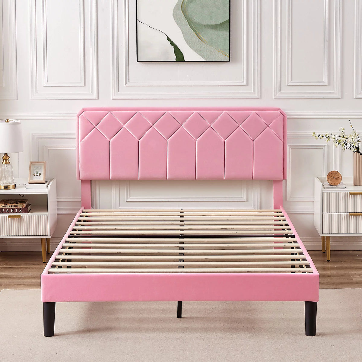 Twin Size Upholstered Platform Bed Frame with Adjustable Headboard Q7477