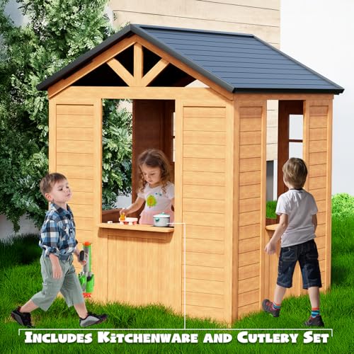 Wooden Kids Playhouse with Kitchen 42" x 45" x 55" Brown O966