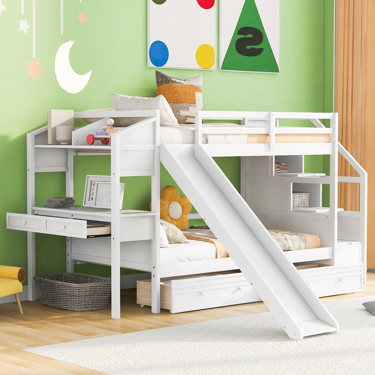 White Wood Twin over Twin Bunk Bed with Desk and Slide T542