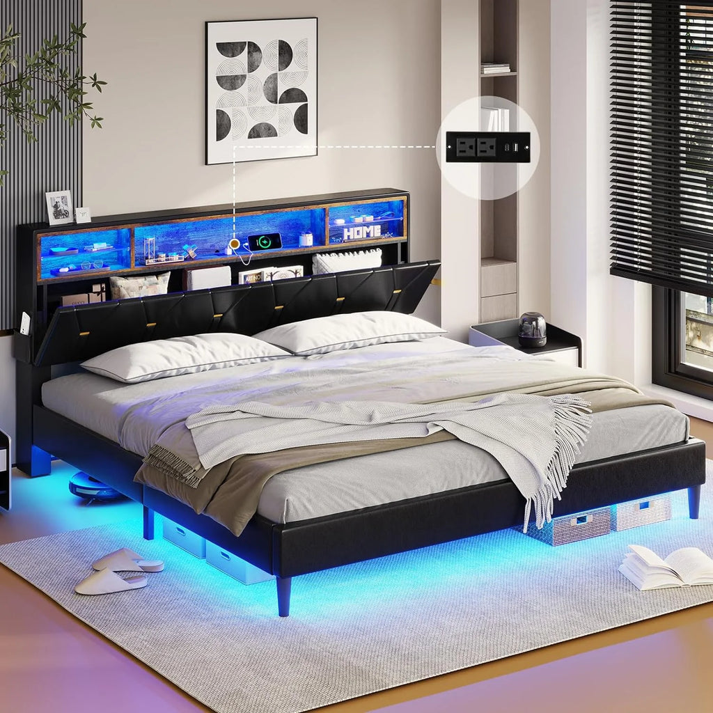 Black Full Size LED Bed Frame with Upholstered Storage Headboard N2831