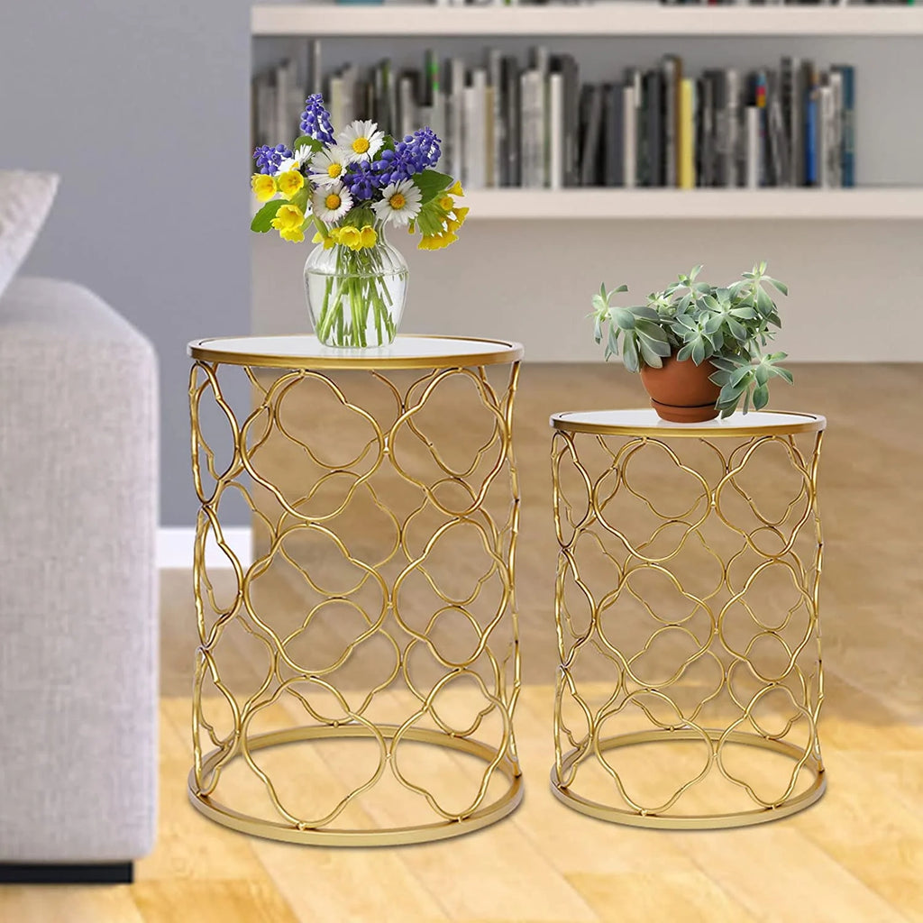 Round Gold Metal Nesting Side Table with Mirrored Top Y808543