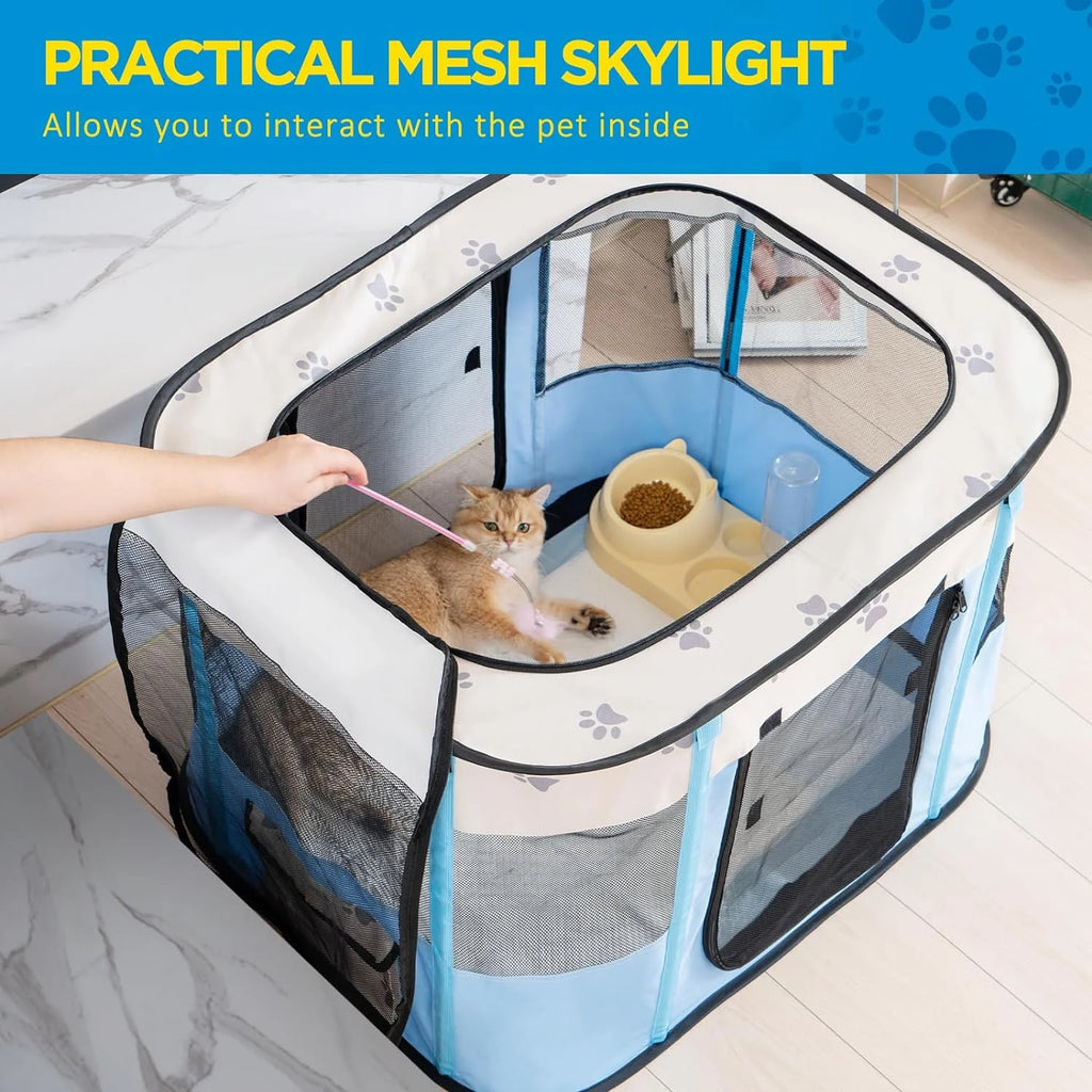Blue Foldable Pop Up Pet Playpen with Floor and Mesh Door M33464