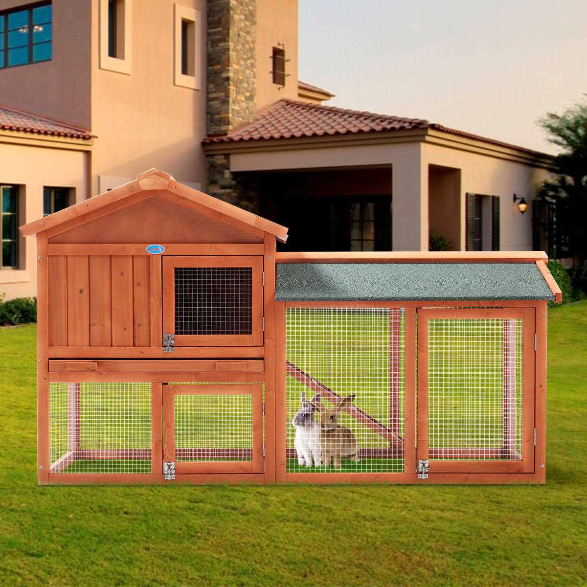 2-Tier Outdoor Wooden Rabbit Hutch with Ramp R89328