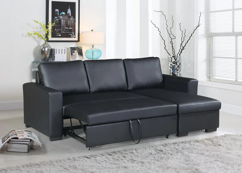 Black Faux Leather Convertible Sectional Sofa with Pull Out Bed G945120