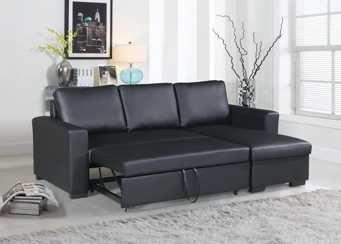 Black Faux Leather Convertible Sectional Sofa with Pull Out Bed G945120