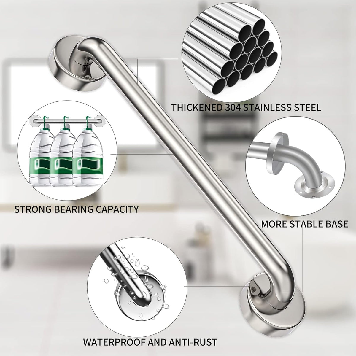2 Pack Brushed Nickel SUS304 Safety Bathroom Grab Bars with Concealed Screws Y5489